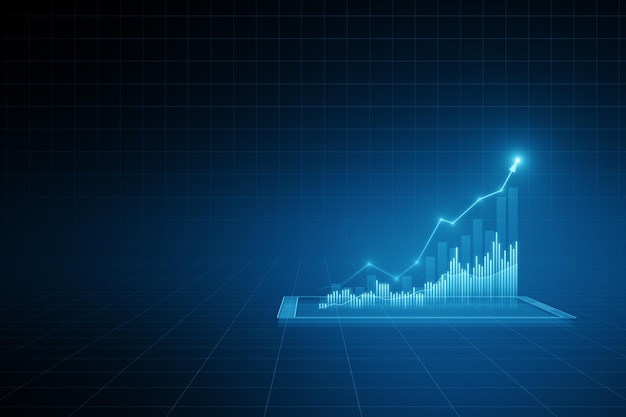 Widok Z Przodu Nowoczesnego Rosnącego Wykresu Finansowego Z Rosnącą Strzałką W Górę Na Ciemnoniebieskim Tle Z Pustą Przestrzenią Dla Ciebie Logo Inwestowanie W Handel I Koncepcję Giełdy Makieta Renderowania 3d