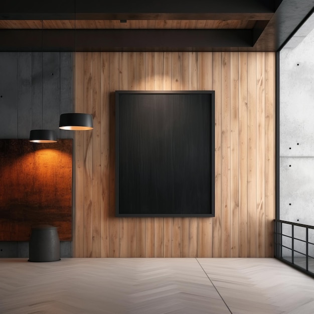 Widok z przodu pusty czarny plakat na drewnianej ścianie dekoracyjnej w nowoczesnej makiecie wnętrza galerii na poddaszu Generative AI
