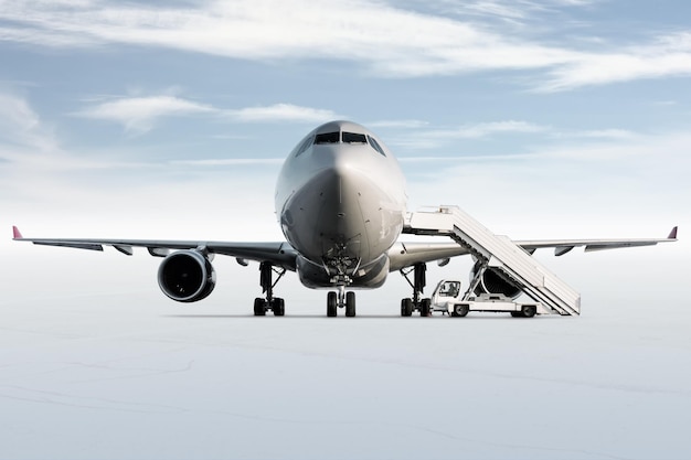 Widok z przodu samolotu pasażerskiego i schody wejściowe na płycie lotniska na białym tle na jasnym tle z niebem