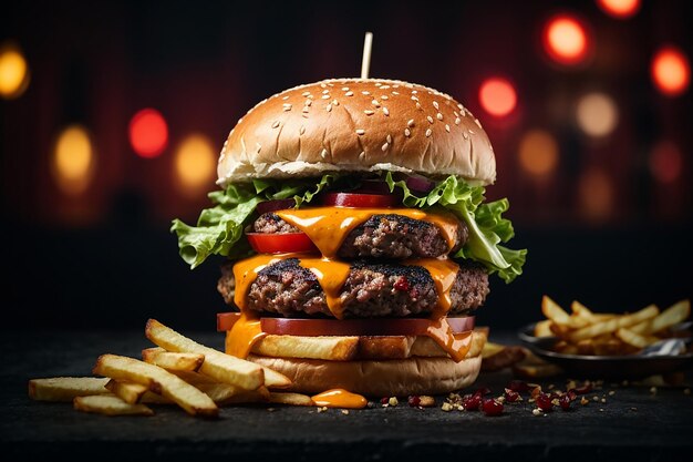 widok z przodu smaczny burger mięsny z frytkami na ciemnym tle