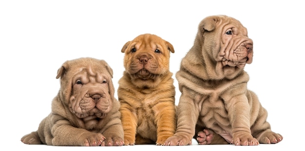 Widok Z Przodu Szczenięta Shar Pei Siedzi W Rzędzie Na Białym Tle