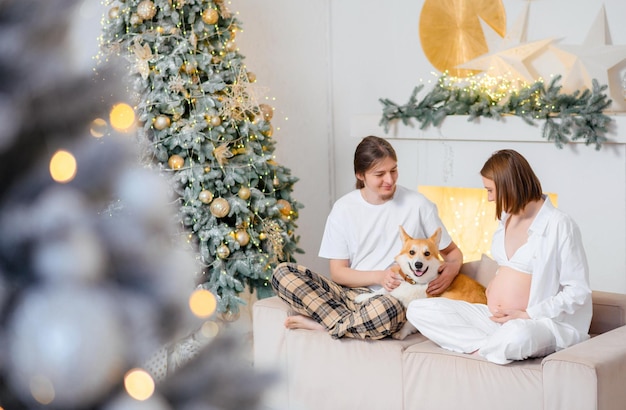 Widok z przodu szczęśliwej kochającej się pary w domowych ubraniach, czekając na dziecko i świętując święta Bożego Narodzenia, siedząc przy kominku i choince w urządzonym mieszkaniu, jednocześnie pieszcząc słodkie corgi