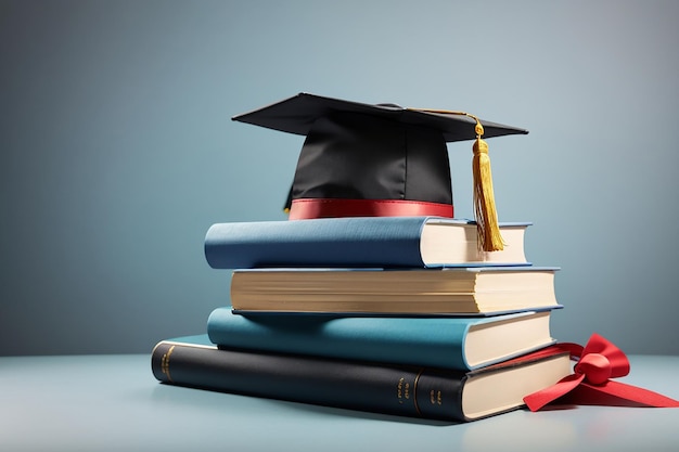 widok z przodu ułożonych książek, czapki ukończenia szkoły i dyplomu