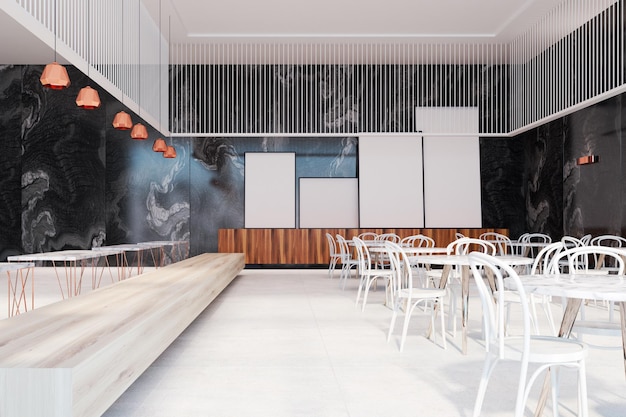 Widok z przodu wnętrza restauracji z czarną marmurową ścianą z galerią plakatów w pobliżu jednej ze ścian. Makieta renderowania 3D