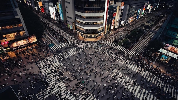 Zdjęcie widok z punktu widzenia ptaków na tłumy przechodzące przez skrzyżowanie w shibuya, tokio, japonia