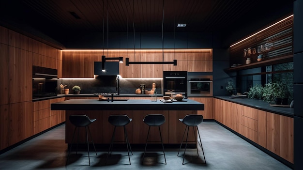 Widok z rogu na jasne wnętrze pokoju kuchennego AI Generative