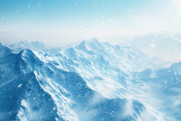 Widok z samolotu na niebieski, pokryty śniegiem krajobraz górski w zimie na niewyraźnym tle