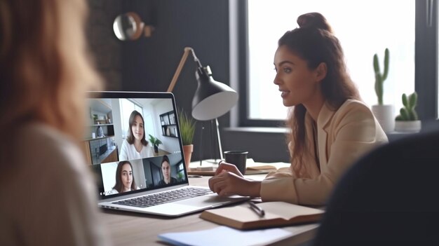 Widok z tyłu bizneswoman omawiającej pomysł biznesowy z kolegami podczas rozmowy wideo Generative AI