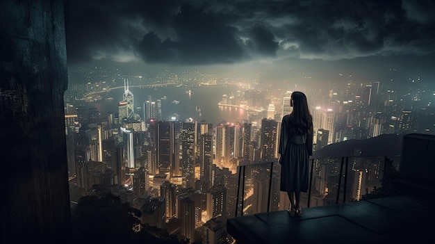 Widok z tyłu bizneswoman stojącej na szczycie budynku i patrzącej na miasto w nocy Generative AI