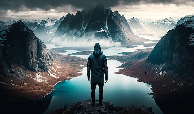 Widok z tyłu człowieka stojącego na skale patrzącego na jezioro i ośnieżone góry Koncepcja turystyczna podróżnika wycieczkowicza Generacyjna sztuczna inteligencja