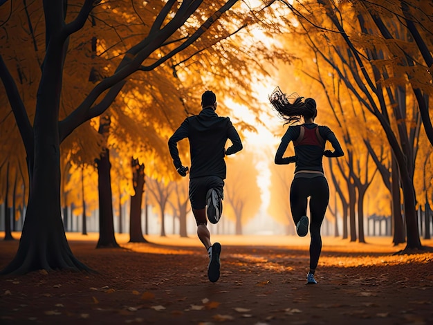 Widok z tyłu dwóch biegaczy biegających w jesiennym parku ai generatywny
