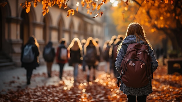 Widok z tyłu dzieci idą do szkoły z plecakiem na jesieni ulica z powrotem do szkoły