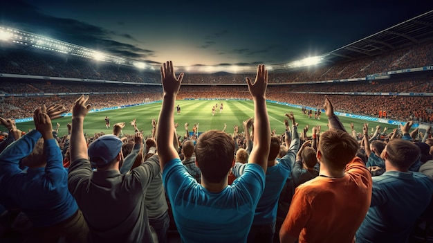 Widok z tyłu fanów piłki nożnej kibicujących stadionowi swojej drużyny wieczorem Wygeneruj Ai