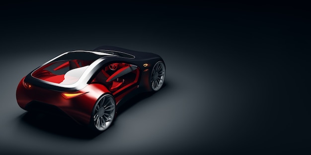 Widok z tyłu futurystycznego szybkiego samochodu sportowego w świetle studia. Bez marki samochód koncepcyjny. Illustraiton 3D