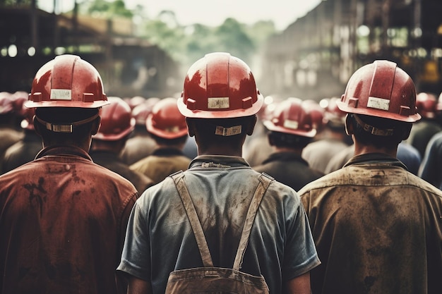 Widok z tyłu grupy pracowników na placu budowy Widok z tyłu grupy pracowników kopalni w hełmach Wygenerowano sztuczną inteligencję