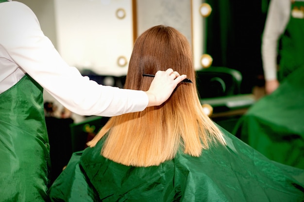 Widok z tyłu kobiecego fryzjera czesania długich włosów młodej blondynki klientki w salonie kosmetycznym