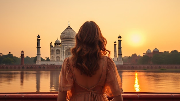 Widok z tyłu kobiety patrzącej na Taj Mahal z tyłu