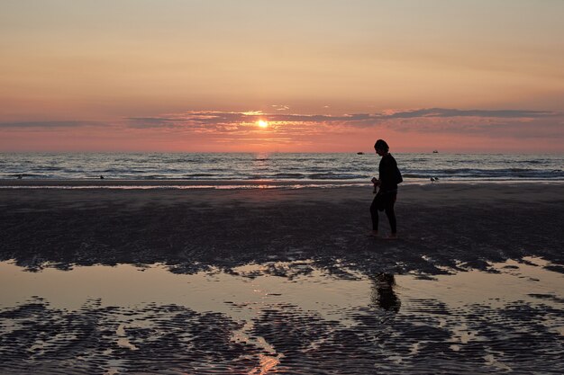 Widok z tyłu kobiety spacerującej po plaży podziwiającej malowniczy zachód słońca