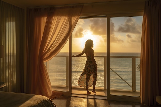Widok z tyłu kobiety stojącej przy oknie swojego pokoju hotelowego