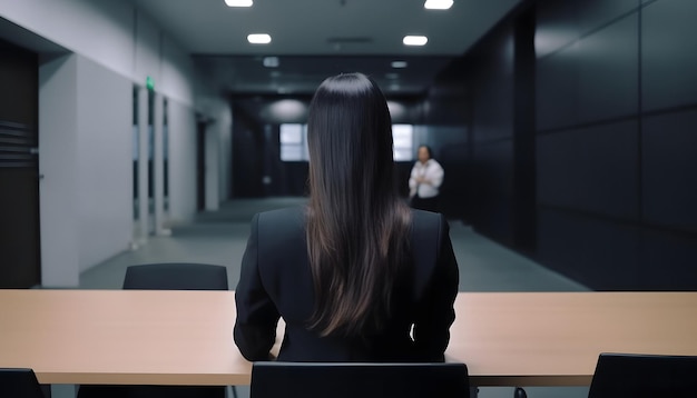 Widok z tyłu kobiety w garniturze czekającej na rozmowę o pracę wygenerował sztuczną inteligencję
