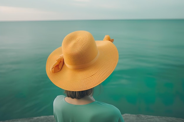 Widok z tyłu kobiety w kapeluszu siedzącej na plaży