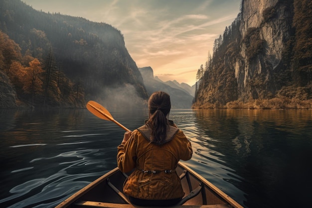 Widok z tyłu kobiety żegluje łodzią po jeziorze w pięknym górskim krajobrazie Zajęcia na świeżym powietrzu Sportowy styl życia Utworzono za pomocą Generative AI