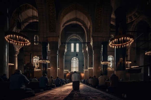Widok z tyłu mężczyzny modlącego się w muzułmańskim meczecie Ogromna arabska architektura z pięknym różanym sufitem Muzułmanie modlą się w ogromnym meczecie Islamskie święte miejsce widok z tyłu Generacyjna sztuczna inteligencja