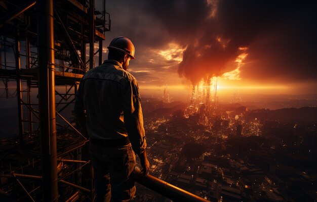 Widok z tyłu mężczyzny w kasku stojącego na szczycie budynku i patrzącego w dół Pejzaż miejski oświetlony zachodzącym słońcem w tle Generacyjna sztuczna inteligencja