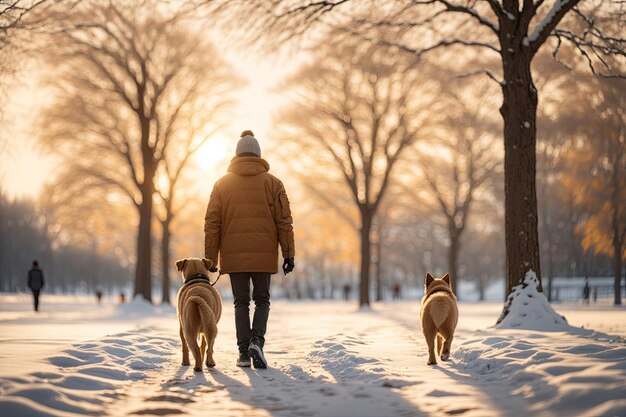 Widok z tyłu mężczyzny z psem spacerującego po parku zimowym