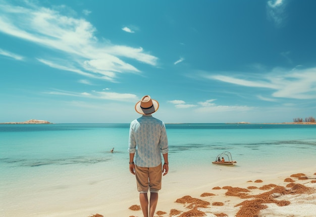 widok z tyłu młody turysta w letniej sukience i kapeluszu stojący na pięknej piaszczystej plaży