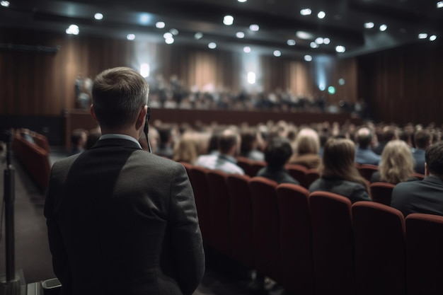 widok z tyłu Mówca wygłasza przemówienie na konferencji biznesowej korporacyjnej Mężczyzna wygłasza przemówienie na widowni