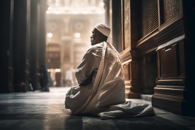 Widok z tyłu muzułmańskiego pielgrzyma siedzącego w meczecie w ubraniach hadżdż