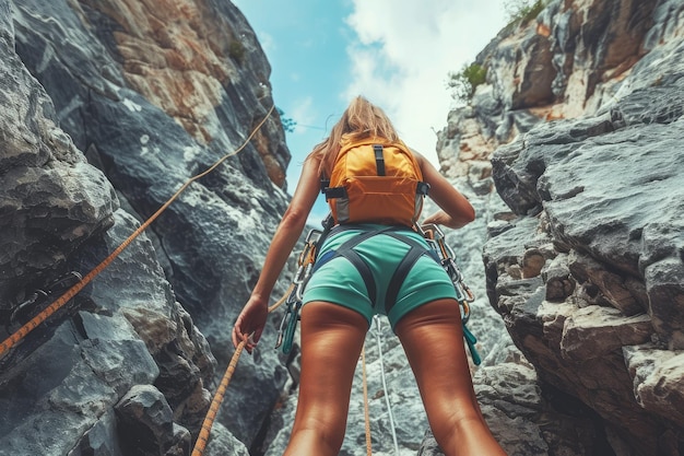 Widok z tyłu na górę na kobietę wspinaczkę w szortkach wspinającą się na via ferrata