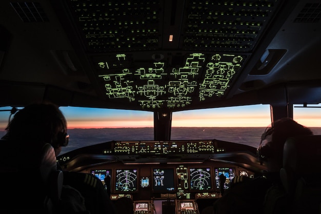 Widok z tyłu na pilotów latających samolotem