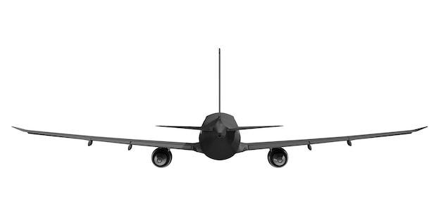 Widok z tyłu nowoczesnego czarnego samolotu na białym tle