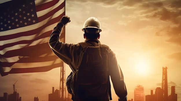 Widok z tyłu pracownika budowlanego z flagą USA Inżynierowie świętują Święto Pracy