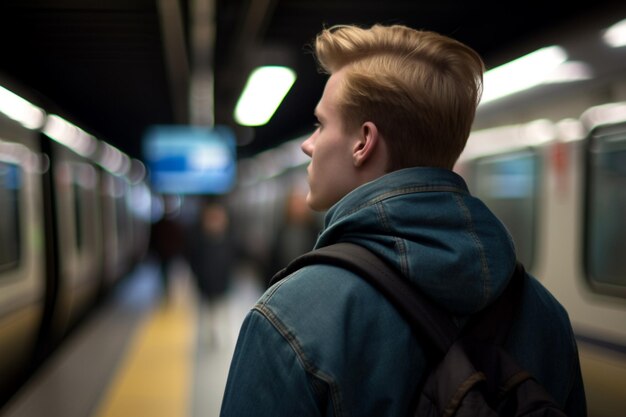 Widok z tyłu przystojnego młodego mężczyzny czekającego na pociąg metra w Sztokholmie podczas jazdy pociągu