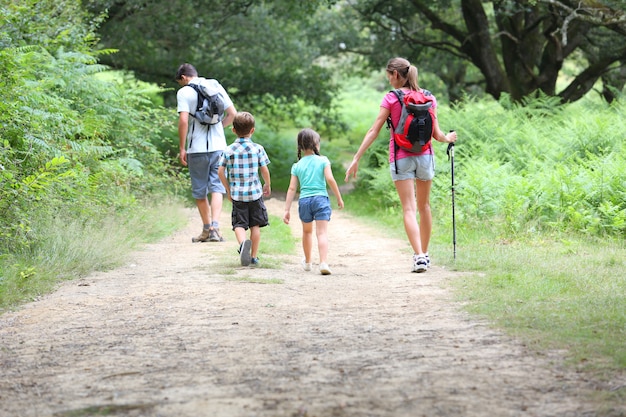 Widok Z Tyłu Rodziny Na Dzień Trekkingu Na Wsi