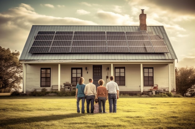 Widok z tyłu rodziny w domu z panelami słonecznymi Generative AI