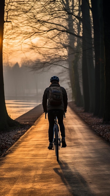 Widok z tyłu rowerzysty na miasto