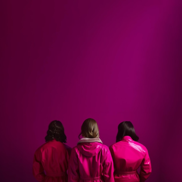 Zdjęcie widok z tyłu trzech kobiet różnych ras razem noszących różowe ubrania na różowym tle