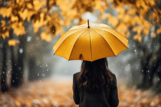 Widok z tyłu uroczej kobiety z żółtym parasolem w jesienny deszczowy dzień Ilustracja generatywna AI