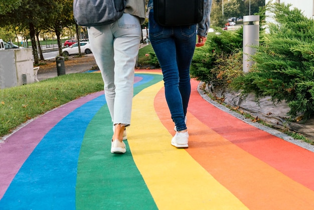 Widok z tyłu wykadrowany na nogi dwóch kobiet idących drogą pomalowaną kolorami tęczy.