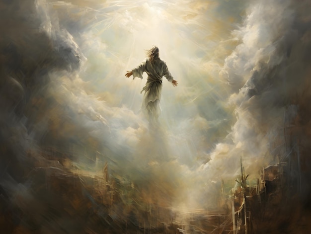 Widok z tyłu zmartwychwstałego Jezusa Chrystusa wstępującego do nieba Nad niebem i chmurami Bóg Niebo i koncepcja Drugiego Przyjścia