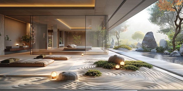 Widok z wnętrza w stylu inspirowanym zen w japońskim domu ogrodowym