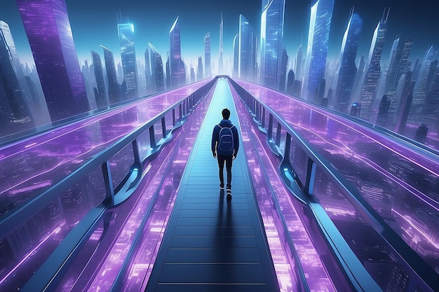 Widok z wysokiego kąta na człowieka idącego po cyfrowym moście do futurystycznego metaverse inteligentnego miasta niebieski i fioletowy odcień koloru