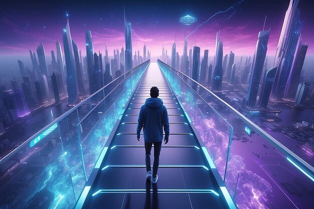 Widok z wysokiego kąta na człowieka idącego po cyfrowym moście do futurystycznego metaverse inteligentnego miasta niebieski i fioletowy odcień koloru
