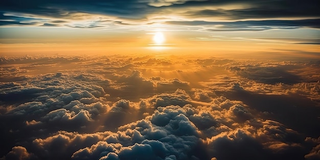 Widok z wysokości jasnożółtego zachodu słońca nad białymi gęstymi chmurami z błękitnym niebemWidok z lotu ptaka Ujęcie panoramiczne Generacyjna sztuczna inteligencja