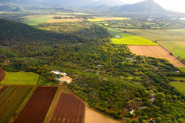 Widok z wysokości zasianych pól znajdujących się na wyspie Mauritius.