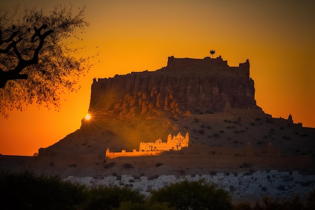 Zdjęcie widok zachodu słońca na jodhpur i fort mehrangarh, indyjski stan radżastan, jodhpur jest wpisany na listę światowego dziedzictwa unesco